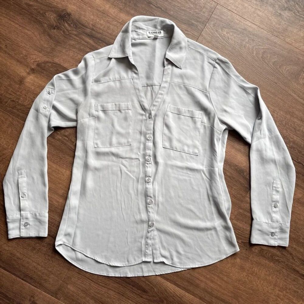 Express Women’s Gray Solid Long Sleeve Button-Up Collared Shirt Size S
